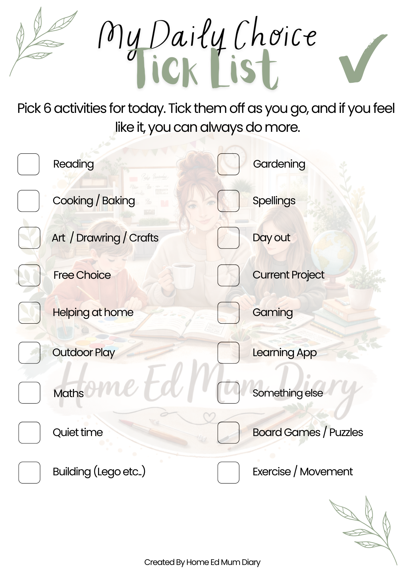 My Daily Choice Tick List – Printable PDF for Home Educators